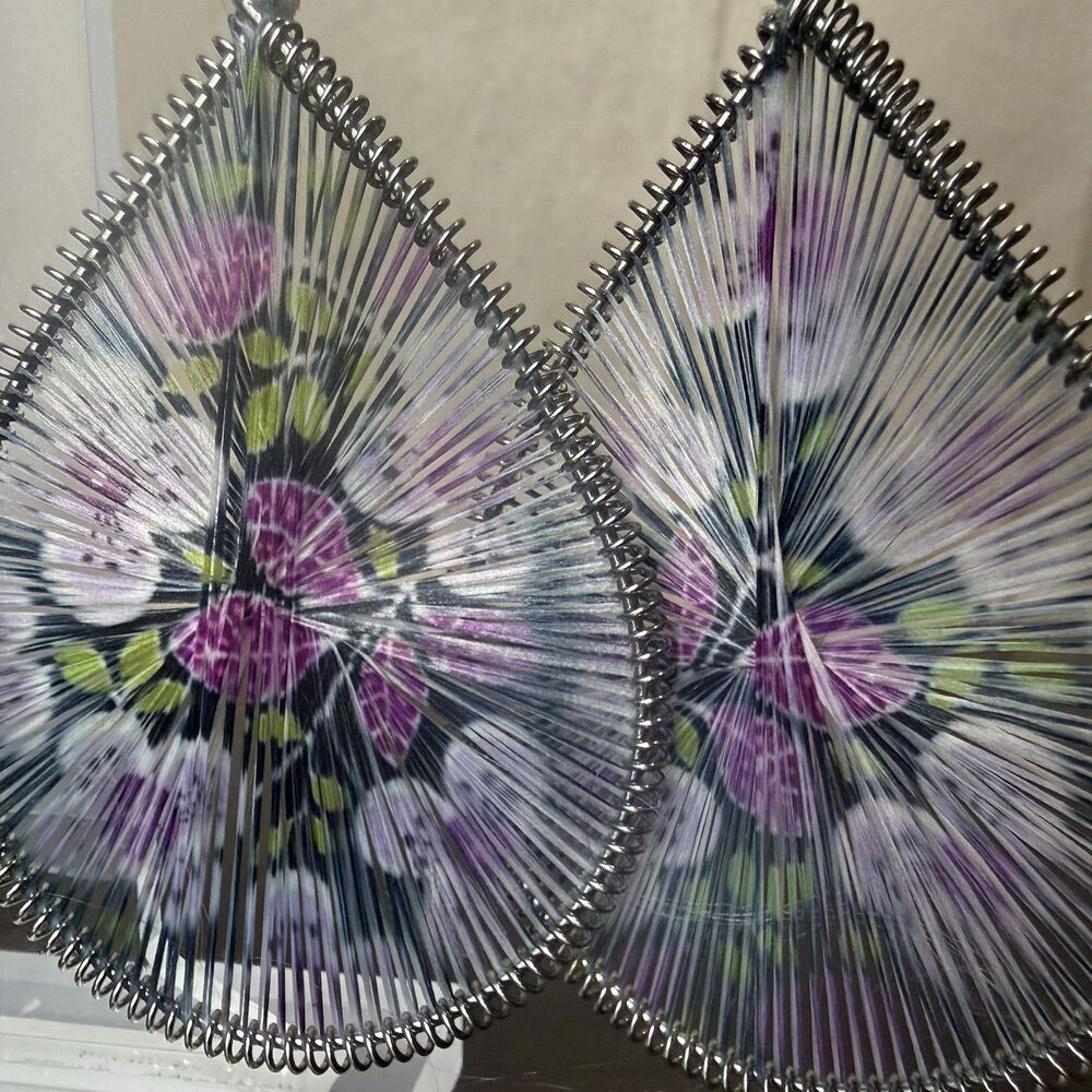 Peruvian Threaded Earrings, Teardrop Purple Floral Festival Boho